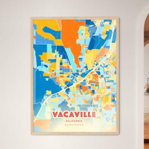 Carte artistique couleurs côtières de Vacaville en Californie, affiche créative bicolore de ville natale de Vacaville Etats-Unis, également en téléchargement numérique