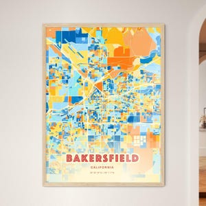 Carte artistique colorée de Bakersfield en Californie, carte de la ville de Bakersfield Etats-Unis - Poster personnalisable, cadre ou aluminium dibond