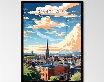 Somerville, Massachusetts, A Poster of a city with a steeple and buildings. Customisable travel art print, a memorable gift.