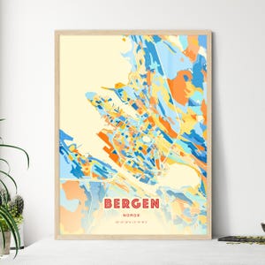Colorful Bergen Norway Blue Orange Fine Art Print, Bergen Norge City Map - Customizable Poster Print, Unique Wall Decor, Personalized Gift