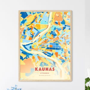 Mapa artístico de la costa de Kaunas, Lituania. Mapa de la ciudad de Kaunas, Lituania: póster personalizable, impresión o descarga digital.