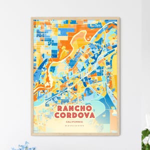 Mapa artístico de la costa de Rancho Cordova, California. Mapa de la ciudad de Rancho Cordova, Estados Unidos. Un regalo perfecto. Enmarcado o en dibond de aluminio.