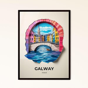 Galway, Irlanda: un puente sobre un río, recortado en papel. Impresión artística personalizable.