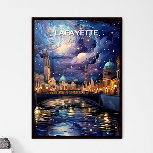 Lafayette, Indiana, un puente sobre un río con edificios y un cielo estrellado – Travel Skylines Collection / Personalizable