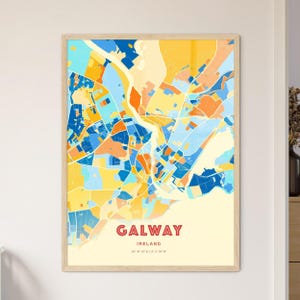 Carte artistique couleurs côtières de Galway en Irlande, carte de la ville de Galway en Irlande - affiche personnalisable ou téléchargement numérique