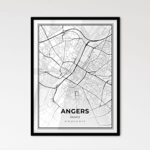 Angers, France - Plan de la ville de style scandinave pour une décoration intérieure moderne - Poster en noir et blanc