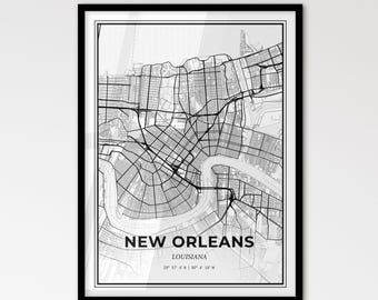 Nueva Orleans, Luisiana - Mapa de la ciudad de estilo escandinavo para decoración moderna del hogar - Póster en blanco y negro