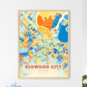 Carte d'art de couleurs côtières de Californie de Redwood City, affiche créative bicolore de ville de ville natale de Redwood City, également en téléchargement numérique