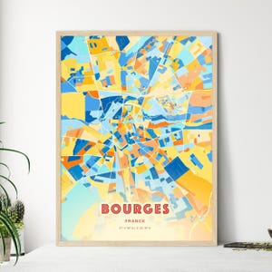 Mapa artístico com cores costeiras de Bourges, França, mapa da cidade de Bourges, França - pôster personalizável, impressão ou download digital