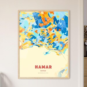 Carte artistique couleurs côtières de Hamar Norvège, carte de la ville de Hamar Norge - affiche personnalisable ou téléchargement numérique