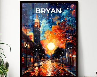 Bryan, Texas, A Poster of a street with a clock tower and a colorful sky. Customisable travel art print, a memorable gift.