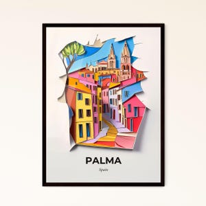 Palma, Spanien - ein Papierausschnitt mit Stadt im Hintergrund – Fine Art Print, personalisierbar