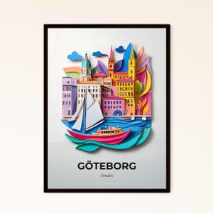 Lebendiges Göteborg, Schweden - Scherenschnitt einer Stadt mit Segelboot – Fine Art Print, personalisierbar