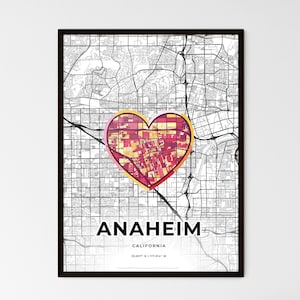 Carte artistique minimaliste d'Anaheim, en Californie, avec icône colorée, cadeau idéal pour les couples
