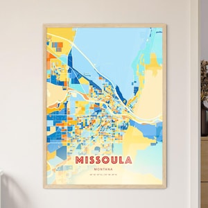 Mapa artístico das cores costeiras de Missoula, Montana, mapa da cidade de Missoula, Estados Unidos - pôster personalizável, impressão ou download digital