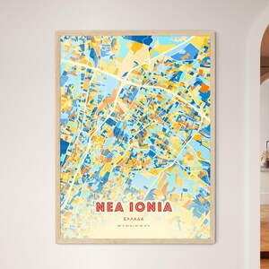 Carte artistique de Nea Ionia Grèce couleurs côtières Ιονια Ελλαδα plan de la ville - impression poster personnalisable ou téléchargement numérique
