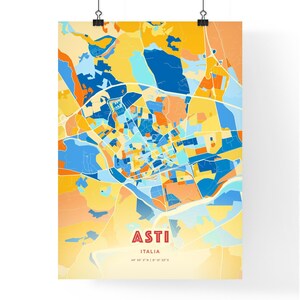 Mapa artístico de colores de la costa de Asti, Italia. Mapa de la ciudad de Asti, Italia: impresión de póster personalizable, enmarcada o en dibond de aluminio.