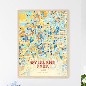 Colorful OVERLAND PARK KANSAS Blue Orange Fine Art Print, Overland Park Usa City Map, a perfect gift.