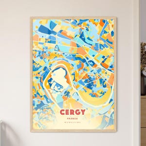 Carte artistique couleurs de la côte de Cergy France, carte de la ville de Cergy France - affiche personnalisable ou téléchargement numérique