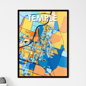 Póster de mapa artístico vibrante de TEMPLE, TEXAS: decoración de pared única, regalo personalizable perfecto para el diseño de interiores del hogar.