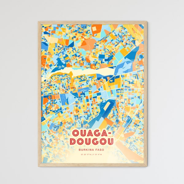 Bunter OUAGADOUGOU BURKINA FASO Blau Orange Fine Art Print, Stadtplan von Ouagadougou Burkina Faso, ein perfektes Geschenk.