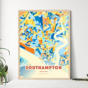 Mapa artístico de colores de la costa de Southampton, Inglaterra, mapa de la ciudad de Southampton (póster personalizable, impresión o descarga digital)