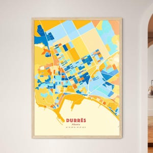 Mapa artístico de cores costeiras de Durrës Albânia Mapa da cidade de Durrës Albânia - impressão de pôster personalizável ou download digital