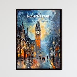 Manchester Poster, Uhrenturm Druck, Nordwesten Kunst, Vintage Stadtbild Wanddekoration, Reise Skylines Sammlung, anpassbares Geschenk