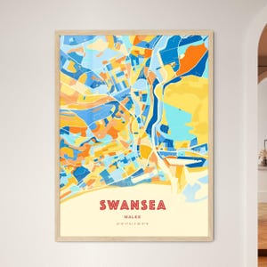 Mappa artistica dei colori costieri di Swansea, Galles, mappa della città di Swansea, Galles - Stampa poster personalizzabile o download digitale