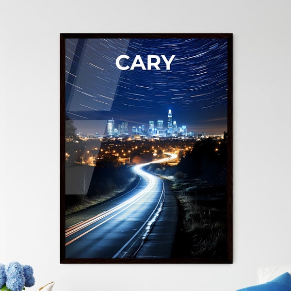 Cary, North Carolina, A Poster of a road with lights on it and a city in the background. Customisable travel art print, a memorable gift.