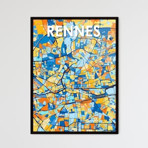 Affiche de carte artistique de Rennes France - Décoration murale vibrante et unique pour la maison, cadeau personnalisable parfait pour toute occasion
