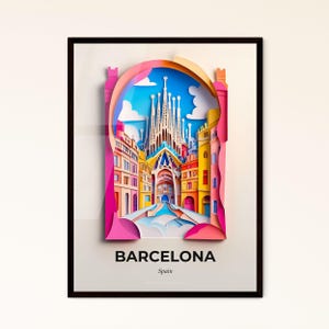 Das lebendige Barcelona, Spanien - Scherenschnitt einer Stadt mit einer Brücke – Fine Art Print, personalisierbar