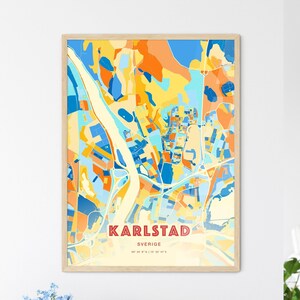 Carte artistique couleurs côtières de Karlstad en Suède, carte de la ville de Karlstad Sverige - affiche personnalisable ou téléchargement numérique