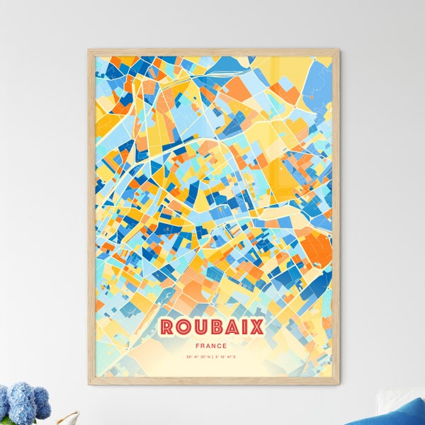 Colorful ROUBAIX FRANCE Blue Orange Fine Art Print, Roubaix France City Map, a perfect gift.