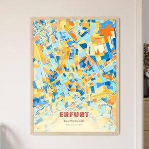 Carte artistique couleurs côtières d'Erfurt en Allemagne, carte de la ville d'Erfurt en Allemagne - impression poster personnalisable ou téléchargement numérique