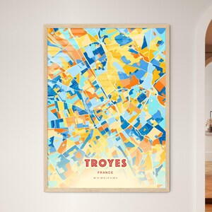 Carte artistique couleurs côtières de Troyes France, carte de la ville de Troyes France, impression poster personnalisable ou téléchargement numérique