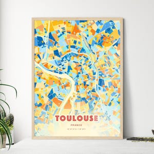 Toulouse Frankreich Küstenfarben Kunstkarte, Toulouse Frankreich Stadtplan - Personalisierbarer Posterdruck oder digitaler Download