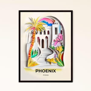Vivid Phoenix, Arizona - un ritaglio di carta raffigurante un castello con una palma - Stampa Fine Art, personalizzabile