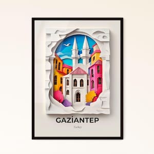 Gaziantep, Türkei - Scherenschnitt einer Stadt mit Glockenturm – Fine Art Print, individualisierbar