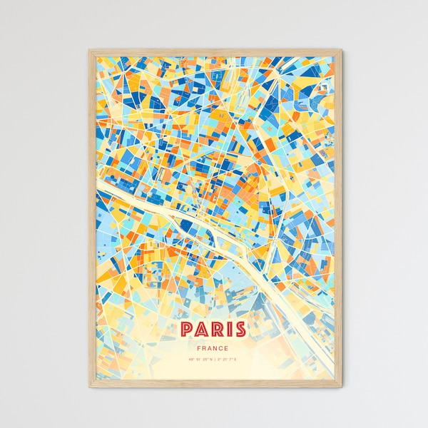 Colorful PARIS FRANCE Blue Orange Fine Art Print, Paris France City Map, a perfect gift.