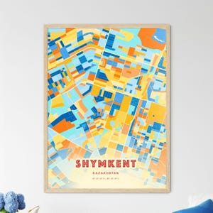Mapa de arte com cores costeiras de Shymkent, Cazaquistão Mapa da cidade de Shymkent, Cazaquistão - Impressão de pôster personalizável ou download digital