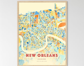 New Orleans Art, Louisiana Print, Custom City Map, Coastal Colors Poster, Modern Wall Hanging, Unique Gift Idea, Framed or Aluminum Dibond