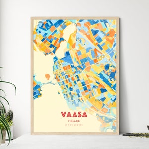 Colorful VAASA FINLAND Blue Orange Fine Art Print, Vaasa Finland City Map, a perfect gift. image 1