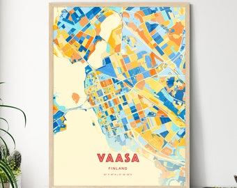 Colorful VAASA FINLAND Blue Orange Fine Art Print, Vaasa Finland City Map, a perfect gift.