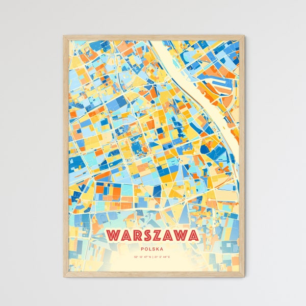 Colorful WARSAW POLAND Blue Orange Fine Art Print, Warszawa Polska City Map, a perfect gift.