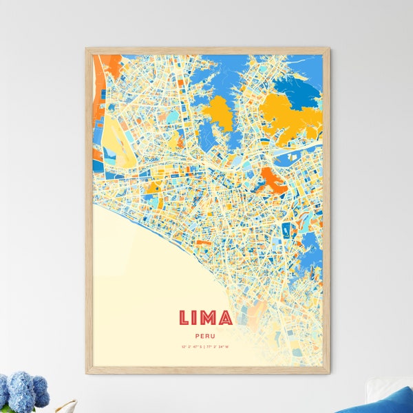 Colorful LIMA PERU Blue Orange Fine Art Print, Lima Peru City Map, a perfect gift.