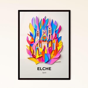 Vivid Elche, Spanien - farbenfroher Scherenschnitt einer Kirche inmitten von Blättern – Fine Art Print, personalisierbar
