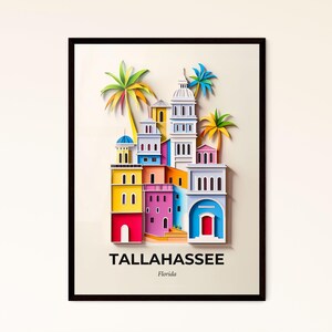 Vivid Tallahassee, Florida - un ritaglio di carta di una città con palme - Stampa Fine Art, personalizzabile