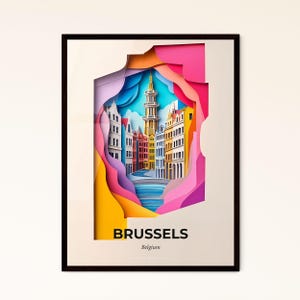 Bruxelles, Belgio - ritaglio di carta di una città con una torre dell'orologio - Stampa Fine Art, personalizzabile