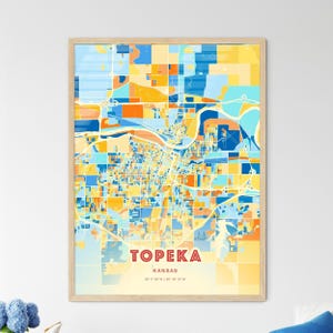 Mapa artístico de colores costeros de Topeka, Kansas. Póster creativo de dos tonos de la ciudad natal de Topeka, EE. UU., también disponible como descarga digital.